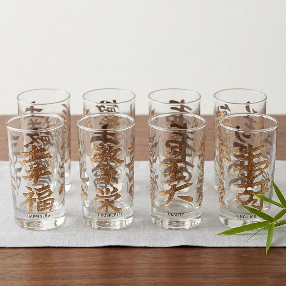 Vintage Libbey Glass Gold Chinese Character Highball Glasses | Set of 8 Barware